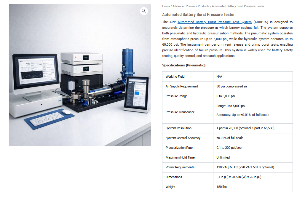 Automated Battery Burst Pressure Tester